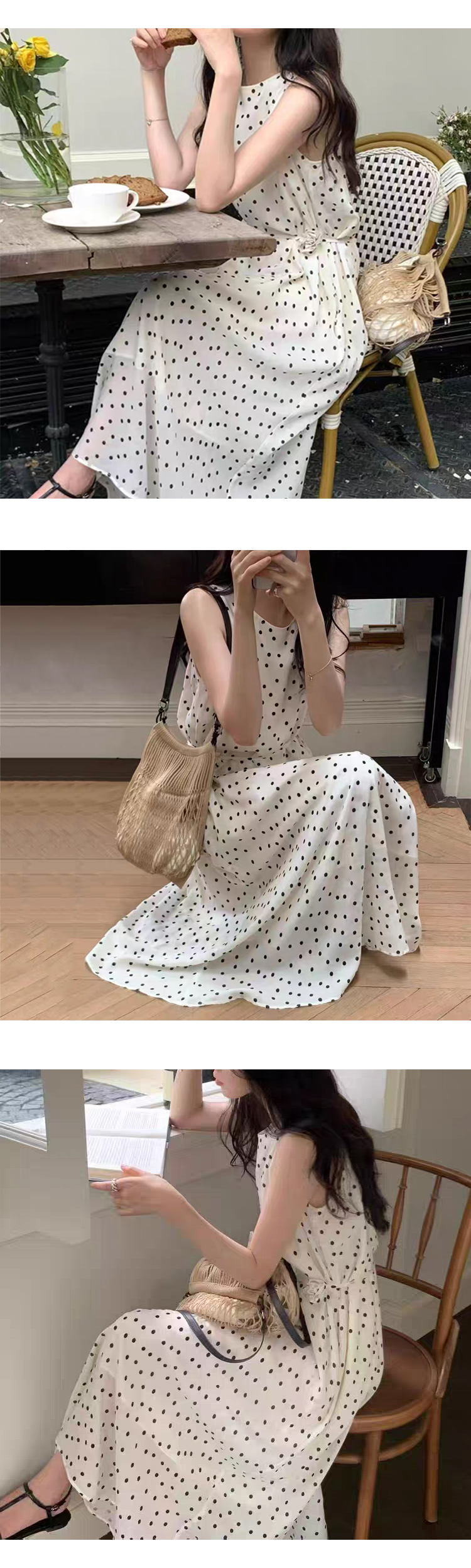 [ONN/[OPS1453]플라워 머플러 도트 롱 원피스 민소매 땡땡이 패턴 여름 시원한 플레어 스커트 모임룩