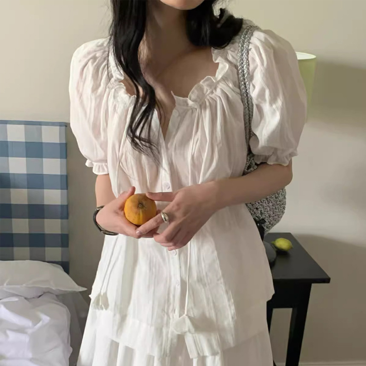 [ONN/[BL629]프릴 퍼프 반팔 블라우스 플라워 스트링 끈  러블리 셔링 로맨틱 여성스런 루즈핏 반팔 페미닌룩