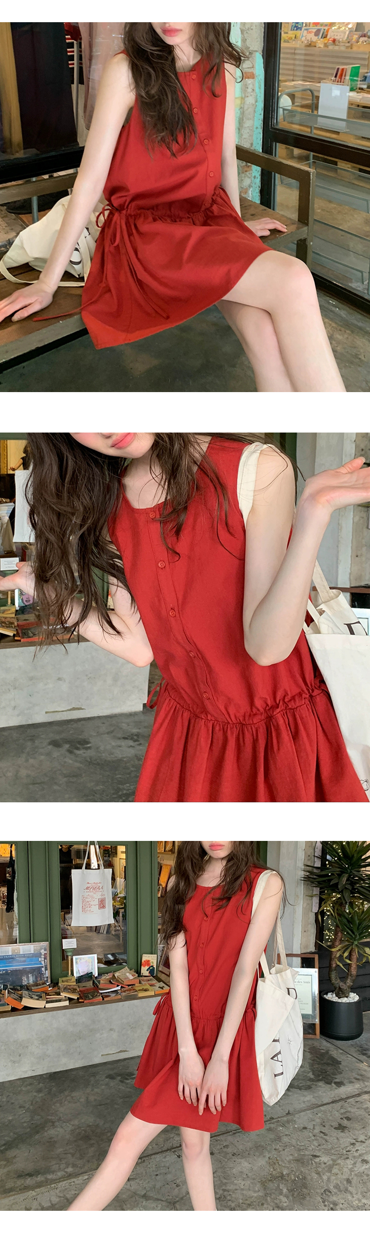 무료 ONN/ [OPS1456]여름 민소매 라운드넥 나시 스트링 미니 원피스 프론트 버튼 허리끈 스트링 미니 바캉스룩