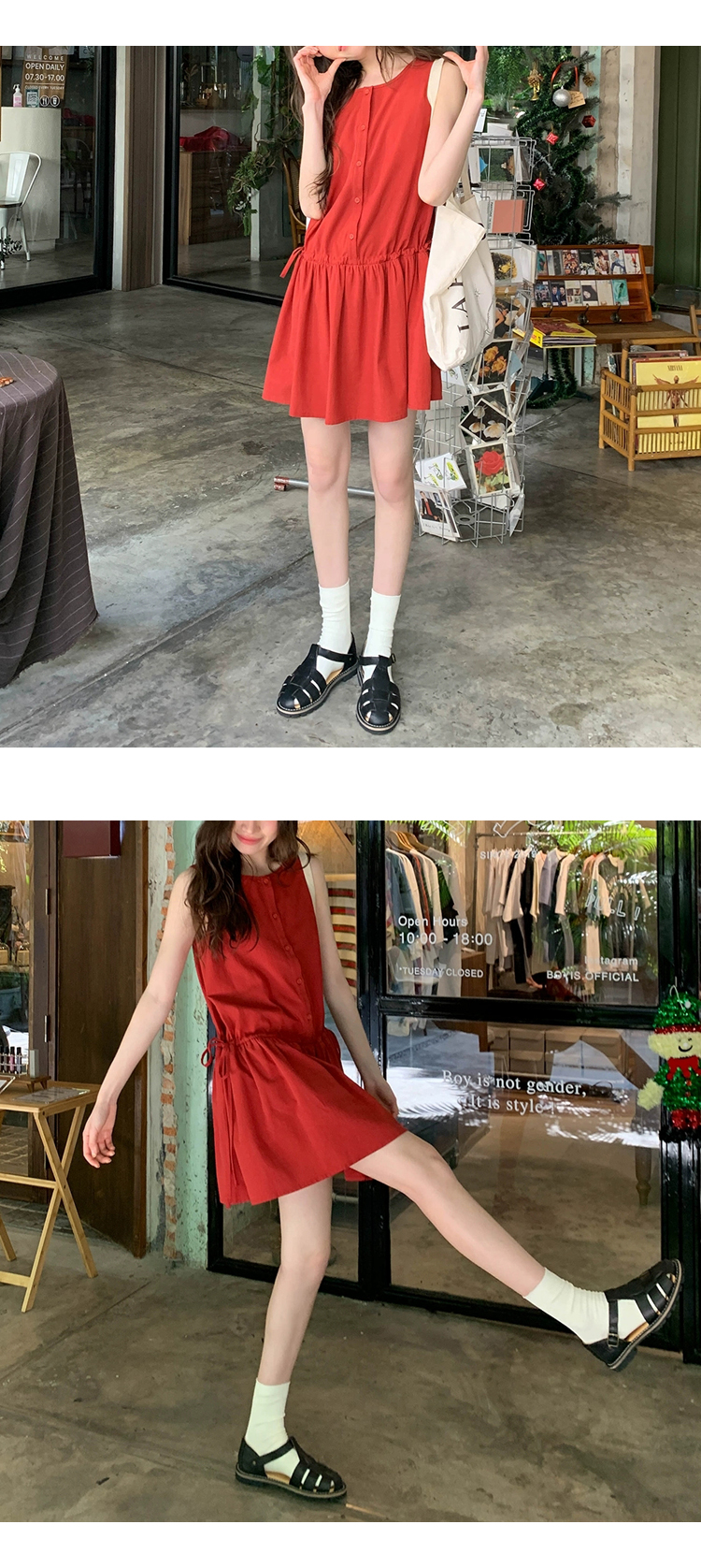 무료 ONN/ [OPS1456]여름 민소매 라운드넥 나시 스트링 미니 원피스 프론트 버튼 허리끈 스트링 미니 바캉스룩