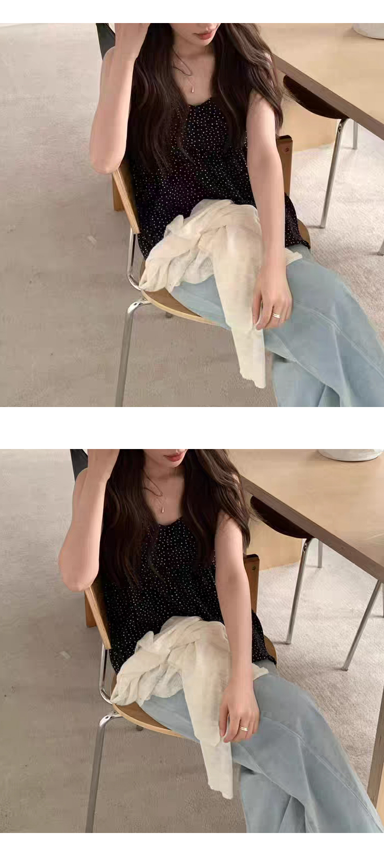 무료 ONN/ [BL632] 여름 브이넥 끈나시 머플러 도트 나시 블라우스 플레어 밑단 여성스런 페미닌 블라우스