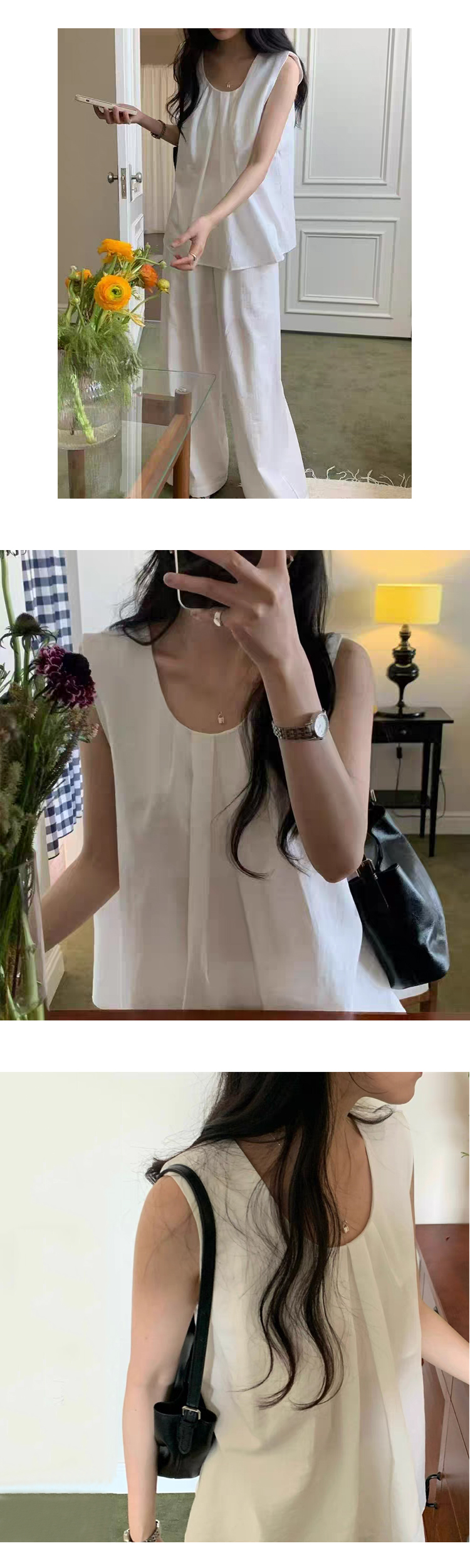 무료 ONN [SET332] 여성 여름 정장 린넨 민소매 블라우스 와이드 팬츠 투피스 라운드넥 허리 스트링 와이드 팬츠