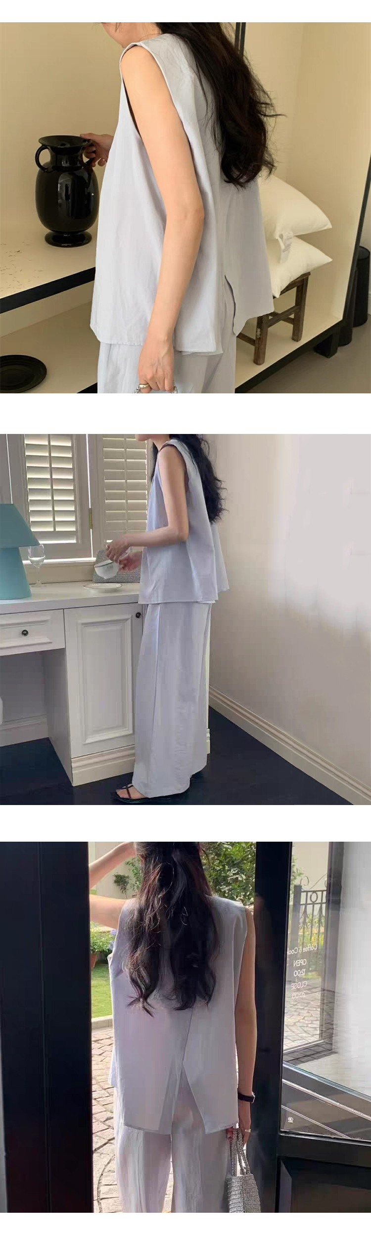 무료 ONN [SET332] 여성 여름 정장 린넨 민소매 블라우스 와이드 팬츠 투피스 라운드넥 허리 스트링 와이드 팬츠