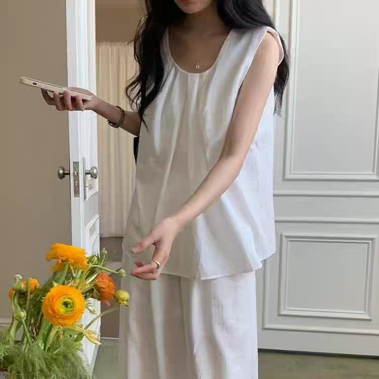 무료 ONN [SET332] 여성 여름 정장 린넨 민소매 블라우스 와이드 팬츠 투피스 라운드넥 허리 스트링 와이드 팬츠