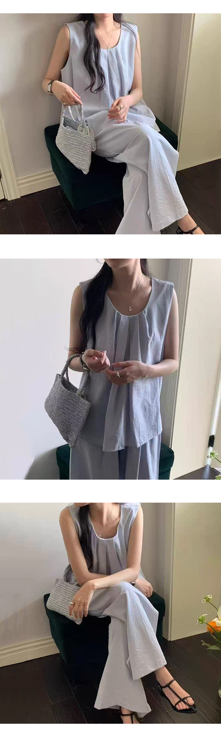 무료 ONN [SET332] 여성 여름 정장 린넨 민소매 블라우스 와이드 팬츠 투피스 라운드넥 허리 스트링 와이드 팬츠