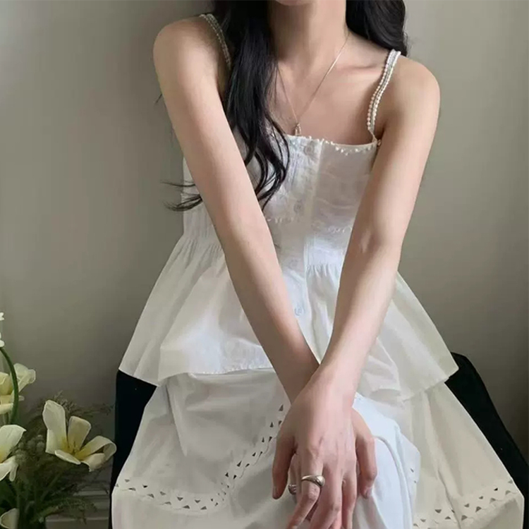 무료[ONN/[BL633] 여름 끈 나시 물결 수술 나시 블라우스 스퀘어넥 유니크함 프론트 버튼 