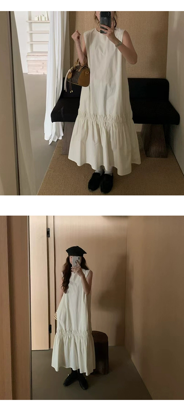 ONN/[OPS1459]라운드넥 여름 민소매 셔링 나시 롱 원피스 아이보리 소라 블랙 봄 가을 44~66
