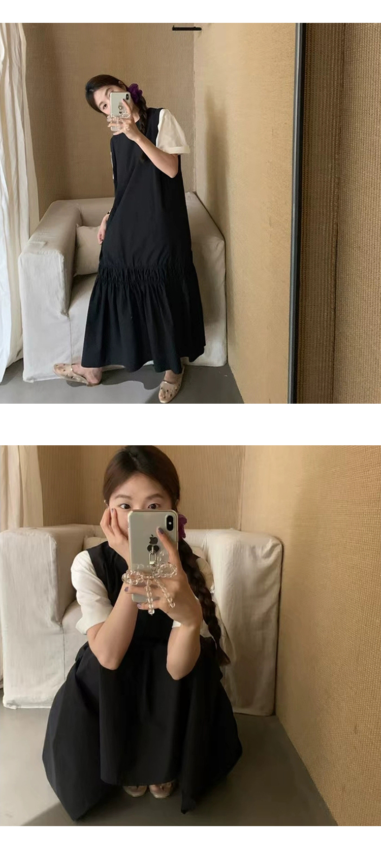 ONN/[OPS1459]라운드넥 여름 민소매 셔링 나시 롱 원피스 아이보리 소라 블랙 봄 가을 44~66