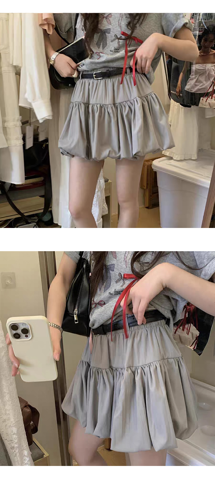 ONN/[SK240] 귀여운 허리 밴딩 벌룬 벨트 세트 미니 스커트  아이보리 그레이 블랙  free 55~77