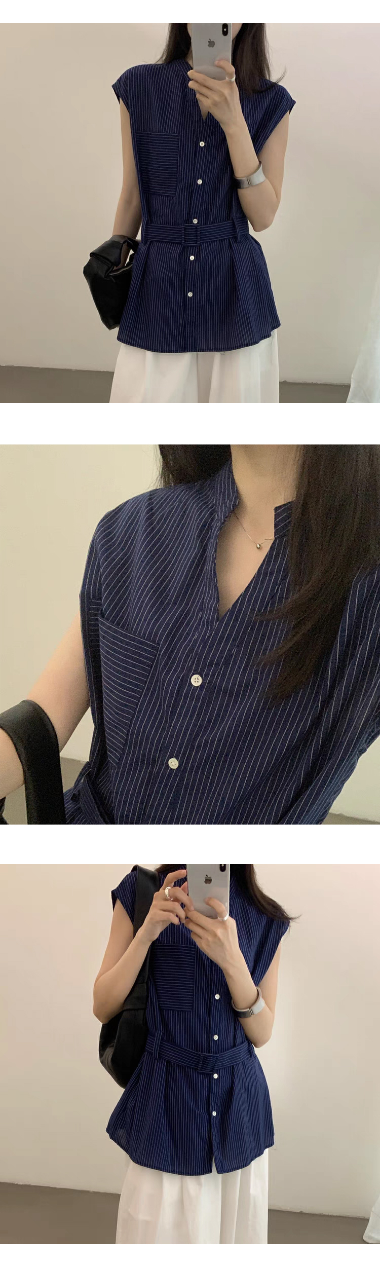 ONN/[ST151]노카라넥 여름 여성 쟈켓형 벨트 민소매 셔츠 아이보리 아이줄지 네이비  free 55~77