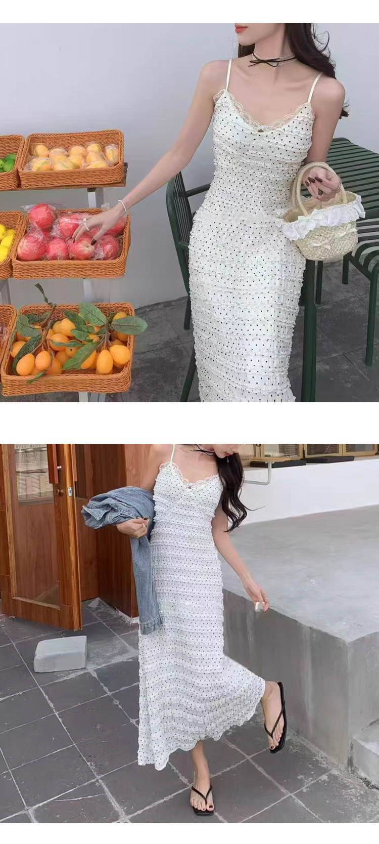 ONN/[OPS1461]여름 민소매 도트 레이스 나시 롱 원피스 프릴 캉캉 스커트 아이보리 블랙 Free