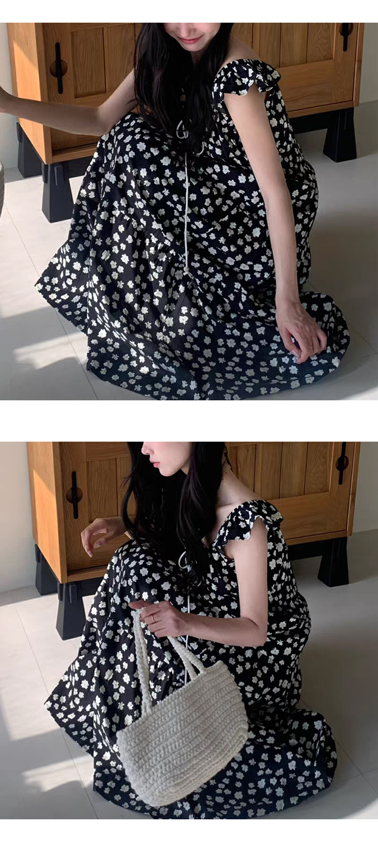 무료 [ONN][OPS1472] 여리여리 라운드 넥 허리 라인 플라워 나시 리본 롱 원피스 아이보리 블랙