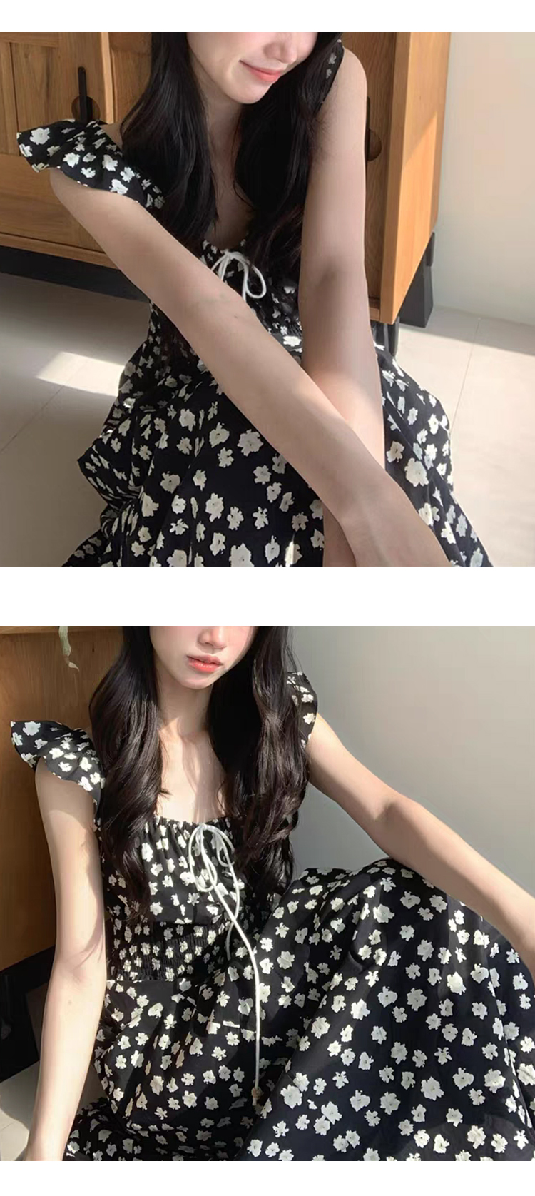 무료 [ONN][OPS1472] 여리여리 라운드 넥 허리 라인 플라워 나시 리본 롱 원피스 아이보리 블랙