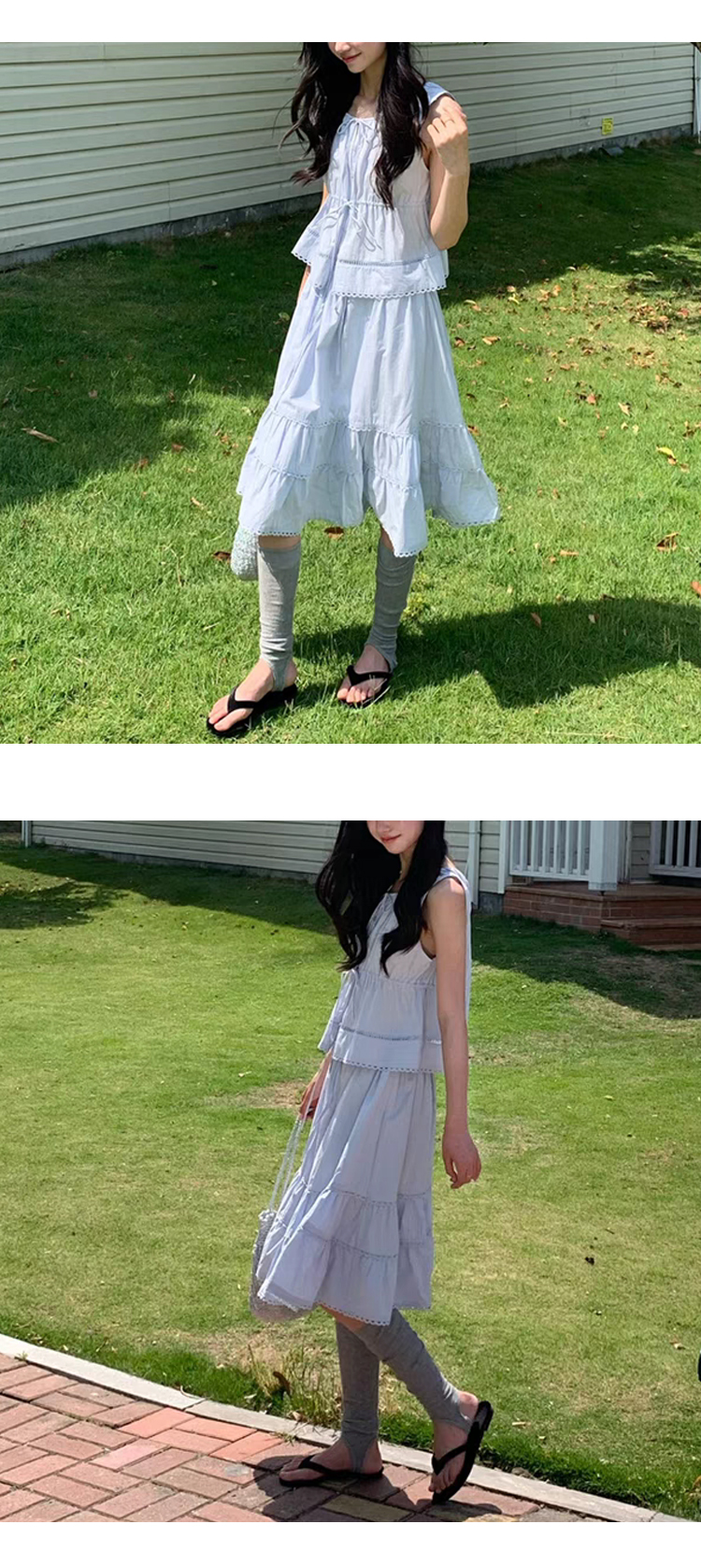 무료_ONN[SET336]린넨 레이스 나시 블라우스 미디 스커트 투피스 다리가 길어 보이는 스타일 데이트룩 아이보리 소라
