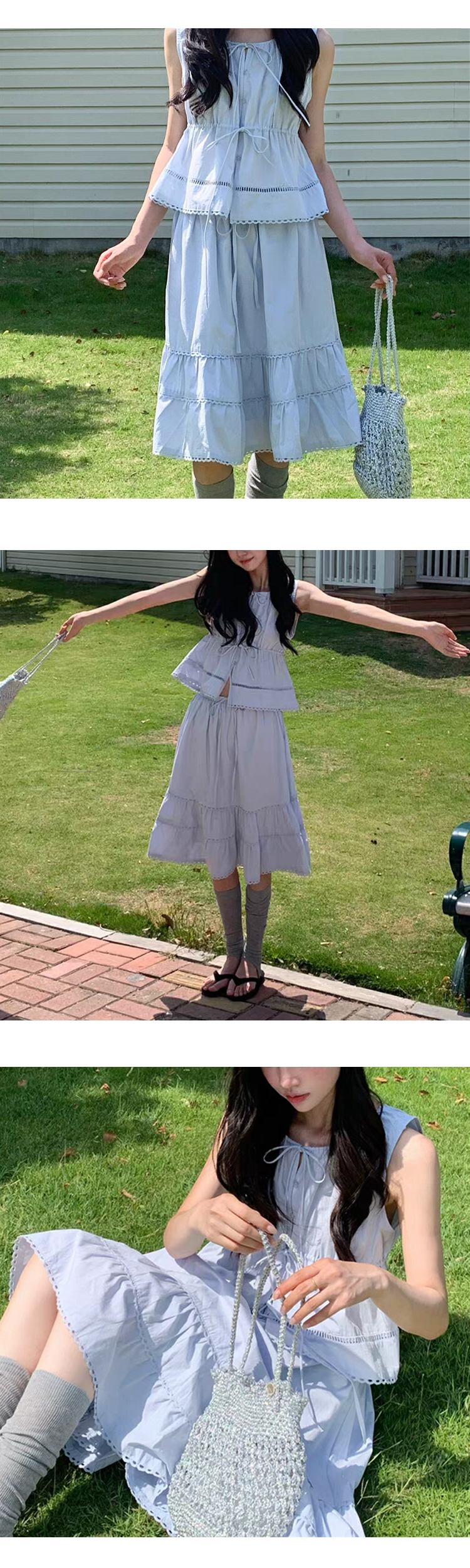 무료_ONN[SET336]린넨 레이스 나시 블라우스 미디 스커트 투피스 다리가 길어 보이는 스타일 데이트룩 아이보리 소라