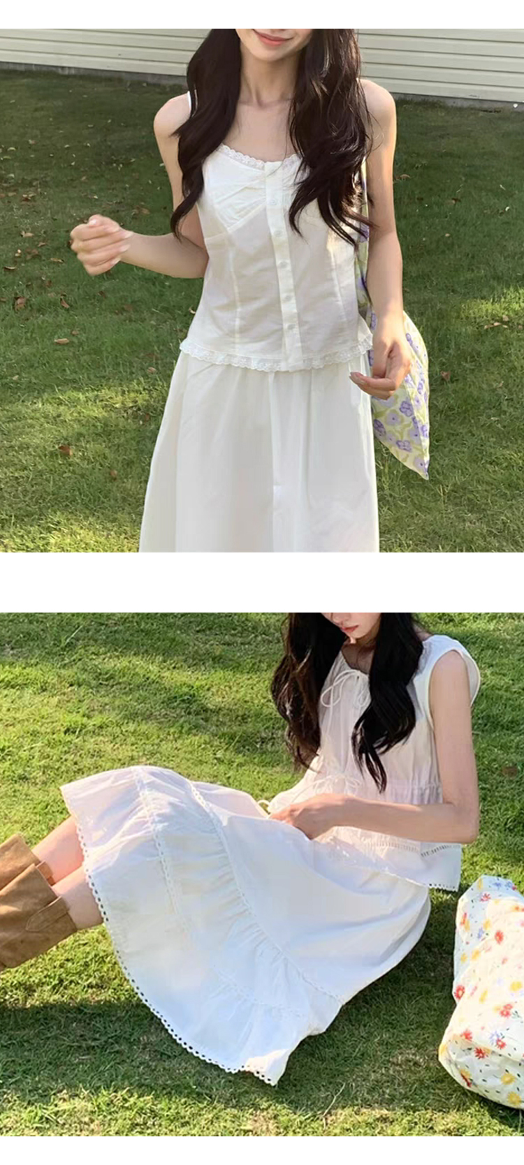 무료_ONN[SET336]린넨 레이스 나시 블라우스 미디 스커트 투피스 다리가 길어 보이는 스타일 데이트룩 아이보리 소라