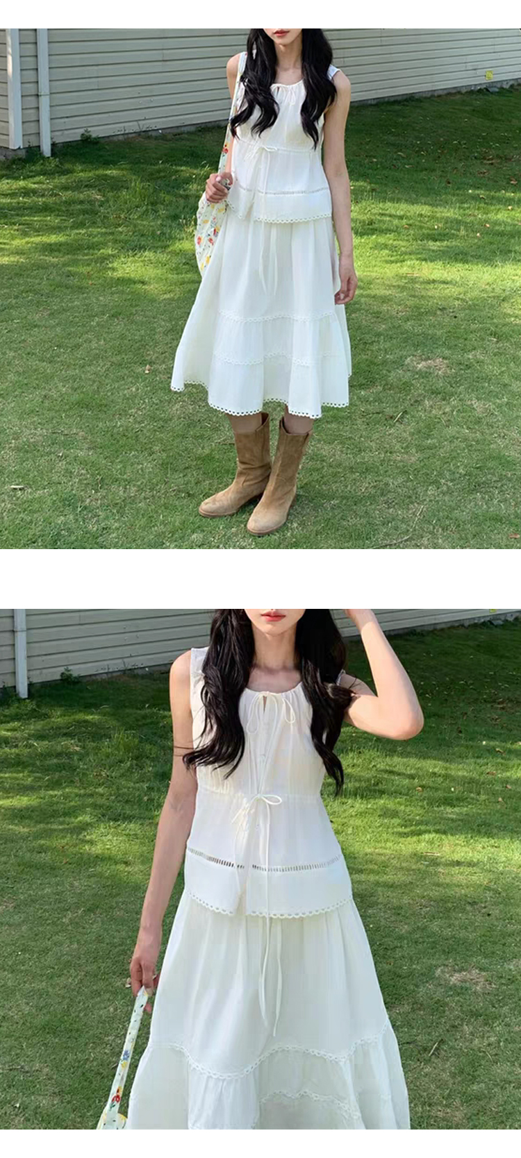 무료_ONN[SET336]린넨 레이스 나시 블라우스 미디 스커트 투피스 다리가 길어 보이는 스타일 데이트룩 아이보리 소라