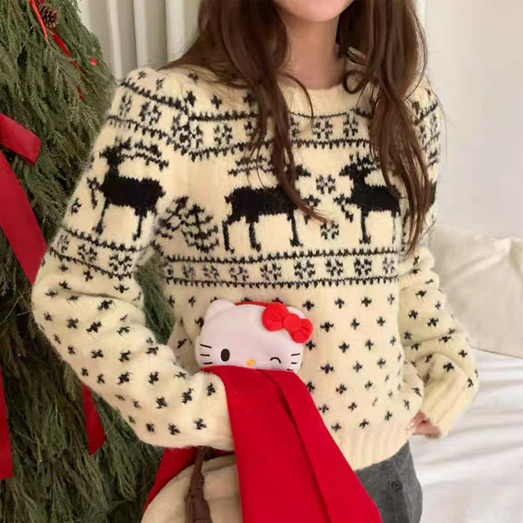 ONN [NT706] 겨울 라운드넥 사슴 노르딕 울 니트