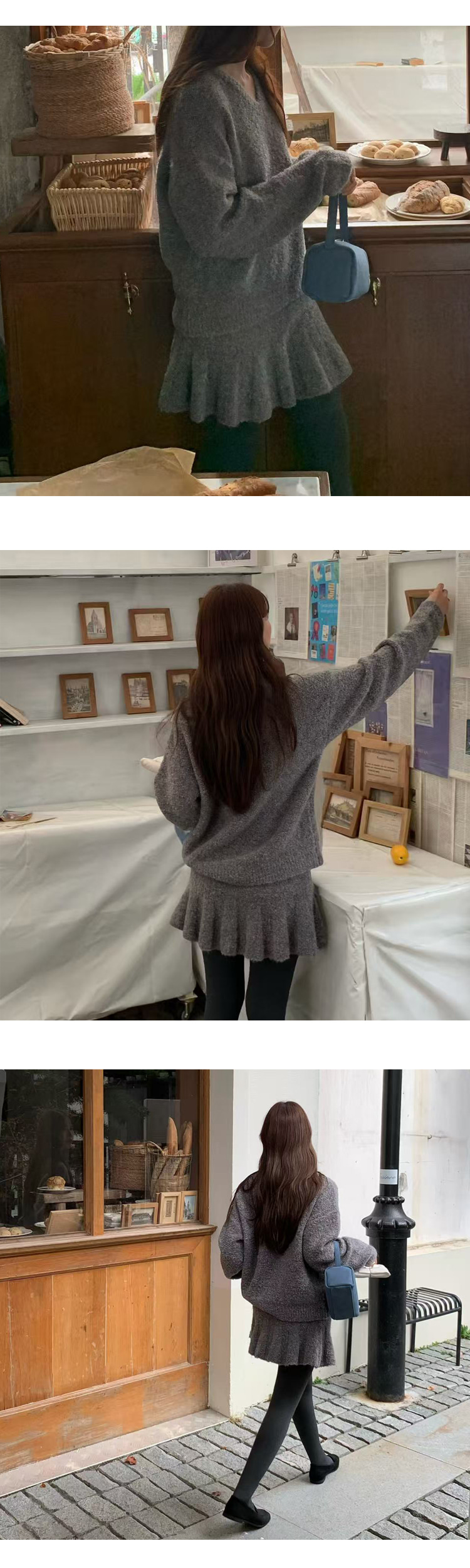 ONN [SET351] 브이넥 니트 부클 루즈핏 니트 미니 스커트 투피스/세트제품