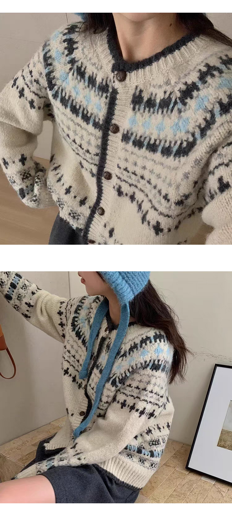 ONN 최저금액 [CD510] 노르딕 배색 라인 가디건 라운드넥 루즈핏 크리스마스 코디