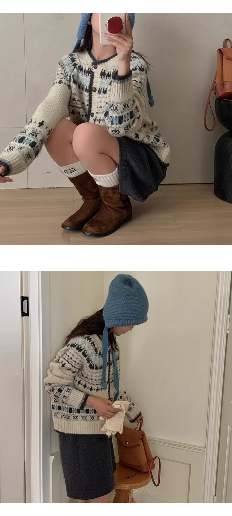 ONN 최저금액 [CD510] 노르딕 배색 라인 가디건 라운드넥 루즈핏 크리스마스 코디