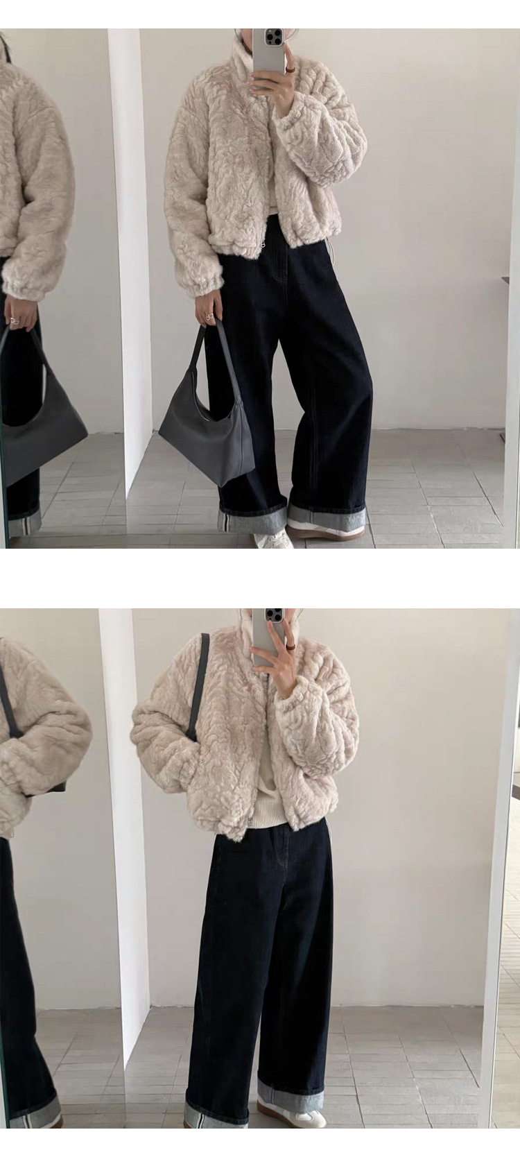 무료ONN [JP172] 루즈핏 숏 에코퍼 하이넥 집업 점퍼