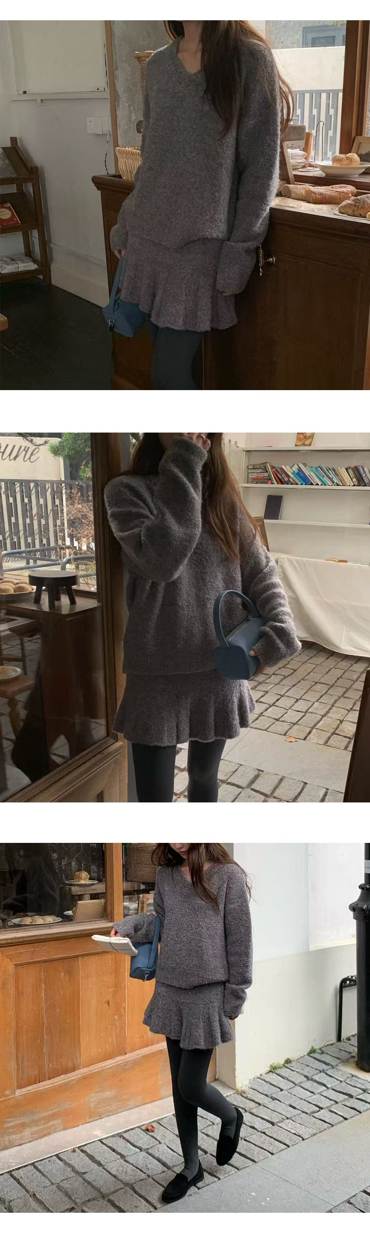 무료/ONN/[SET351]브이넥 니트 부클 루즈핏 니트 미니 스커트 투피스 세트구성 (따로 활용가능)