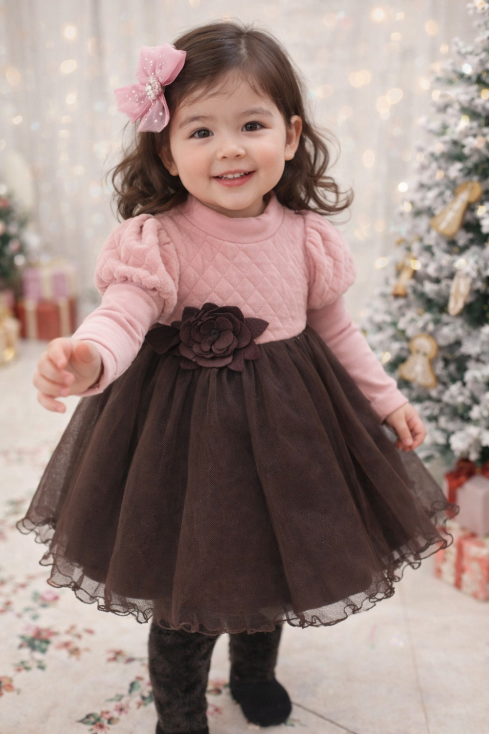 [DOO]63599426 여아 공주 퍼프 소매 원피스 꽃 장식 프릴 치마 유아 돌복 생일 의상