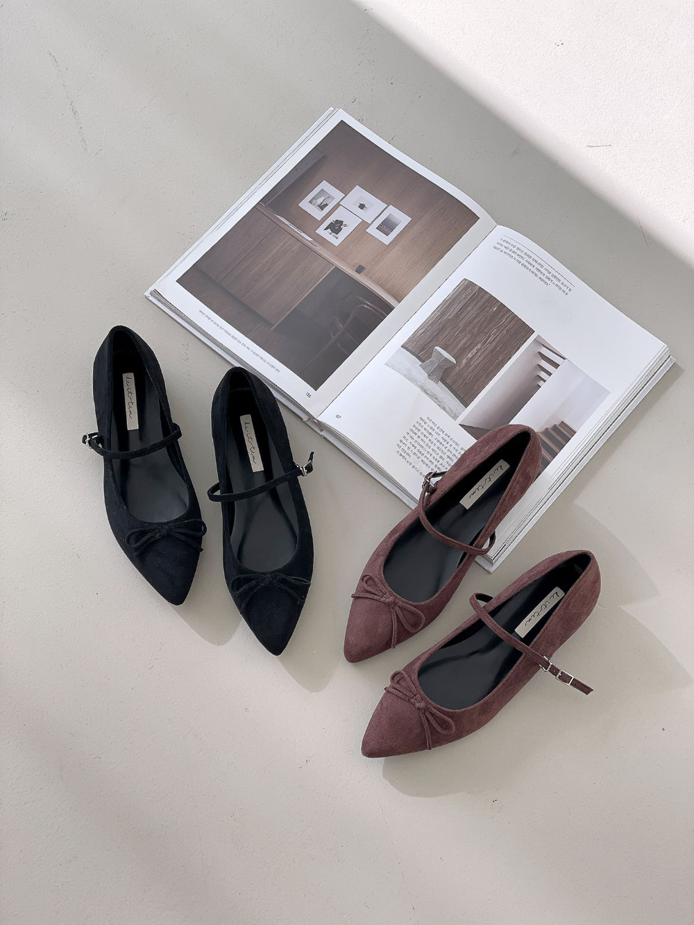 무료/[LUC]/5156 간지나는 리본 포인트 정장 캐쥬얼 슈즈 여성  뾰족 슈즈 단화 세무 구두 굽낮은 플랫슈즈 