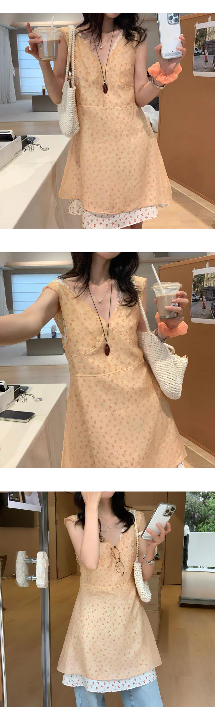 ONN/[OPS1501]플라워 레이어드 미니 원피스 팬츠코디 플라워 망사 민소매 바캉스룩 레이어드룩