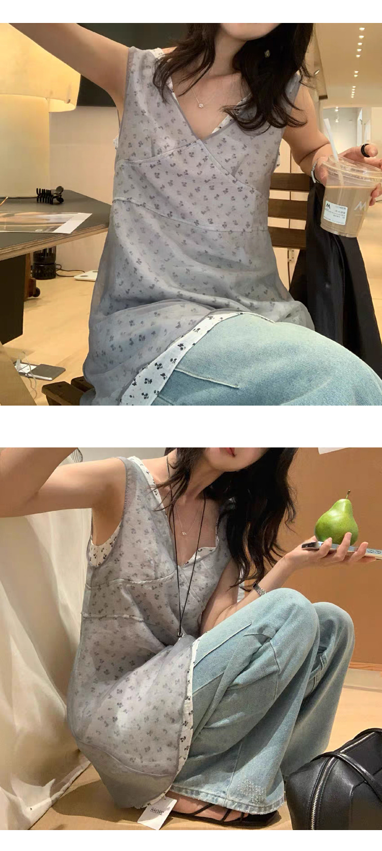 ONN/[OPS1501]플라워 레이어드 미니 원피스 팬츠코디 플라워 망사 민소매 바캉스룩 레이어드룩