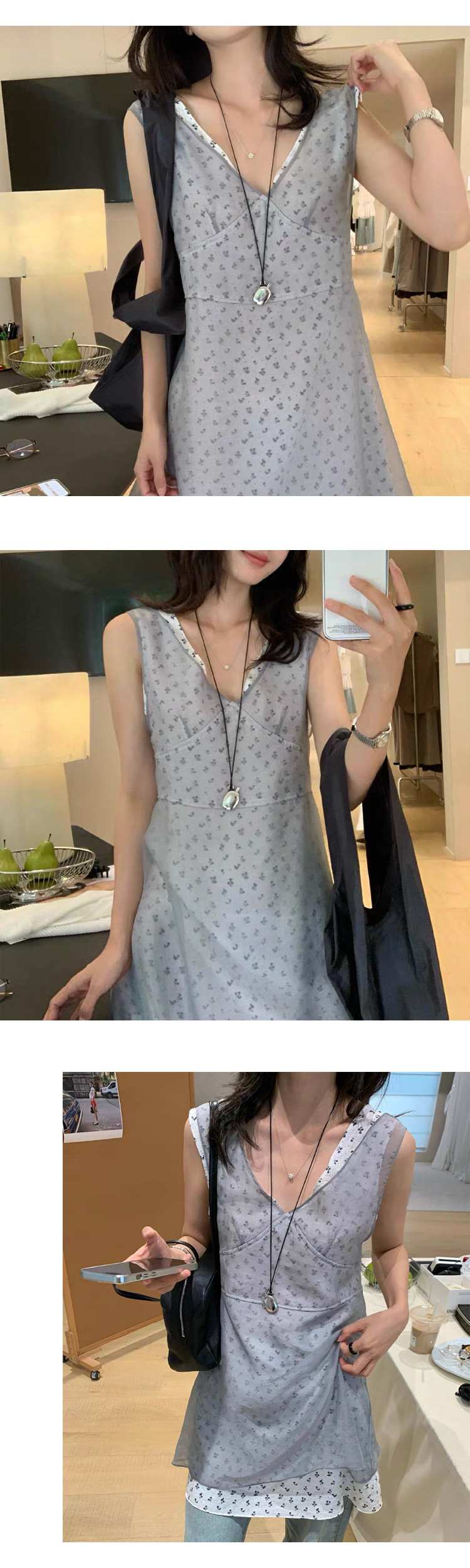 ONN/[OPS1501]플라워 레이어드 미니 원피스 팬츠코디 플라워 망사 민소매 바캉스룩 레이어드룩