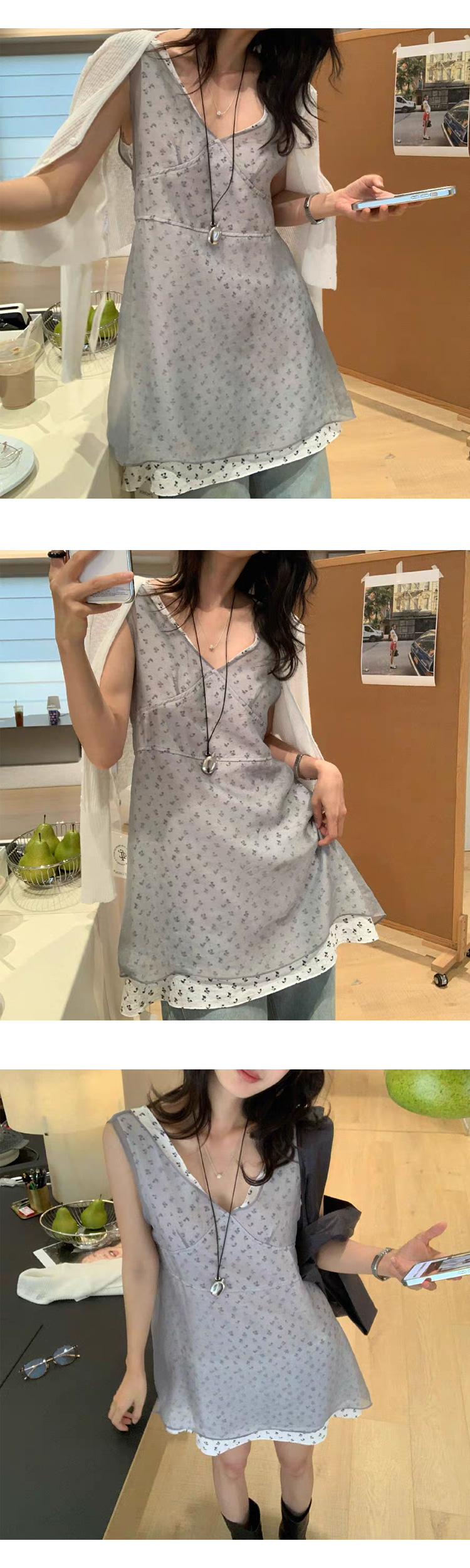 ONN/[OPS1501]플라워 레이어드 미니 원피스 팬츠코디 플라워 망사 민소매 바캉스룩 레이어드룩