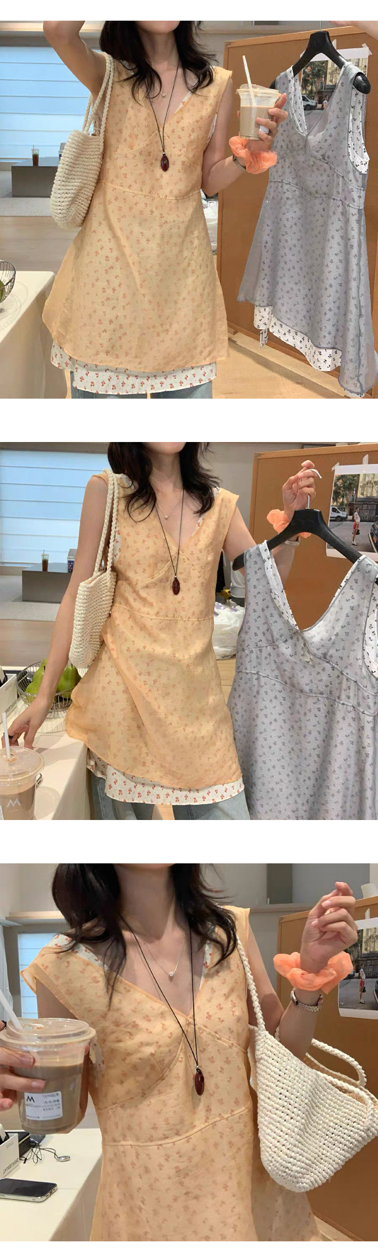 ONN/[OPS1501]플라워 레이어드 미니 원피스 팬츠코디 플라워 망사 민소매 바캉스룩 레이어드룩