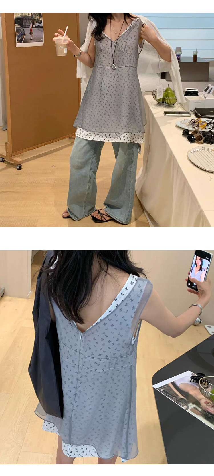 ONN/[OPS1501]플라워 레이어드 미니 원피스 팬츠코디 플라워 망사 민소매 바캉스룩 레이어드룩