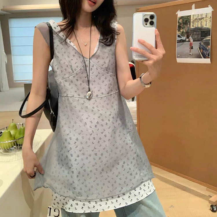 ONN/[OPS1501]플라워 레이어드 미니 원피스 팬츠코디 플라워 망사 민소매 바캉스룩 레이어드룩