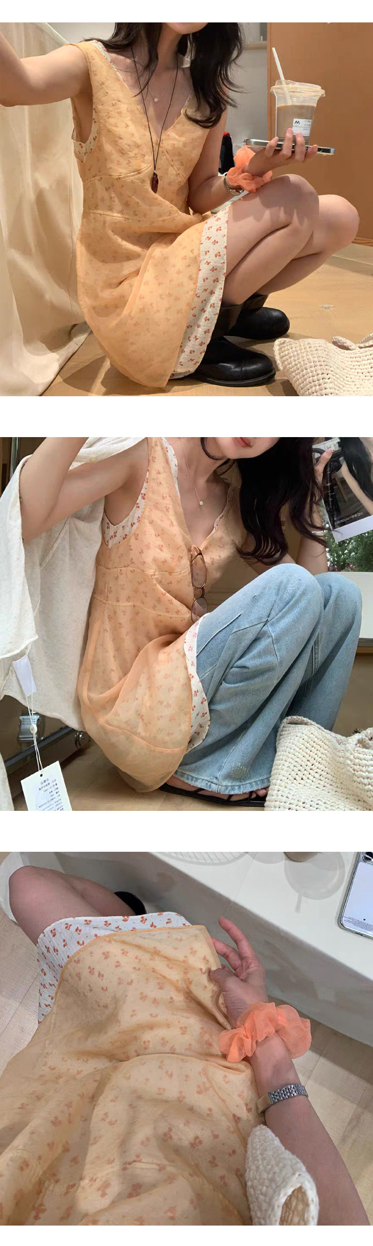 ONN/[OPS1501]플라워 레이어드 미니 원피스 팬츠코디 플라워 망사 민소매 바캉스룩 레이어드룩