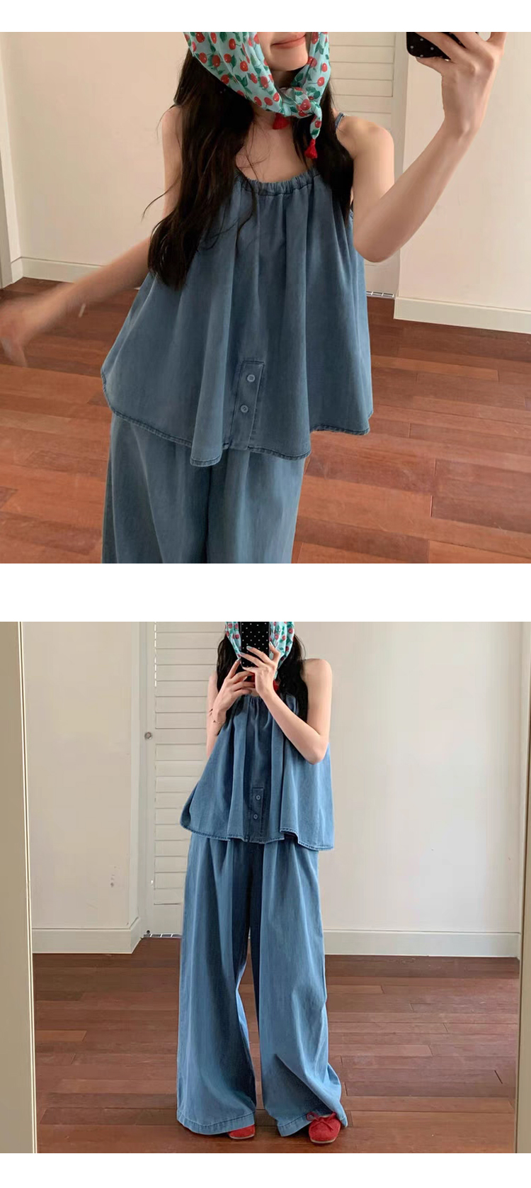 무료ONN/[SET334]데님 나시 블라우스 와이드 팬츠 투피스 (세트제품) 발랄 귀여운 코디 체형커버 끈조절