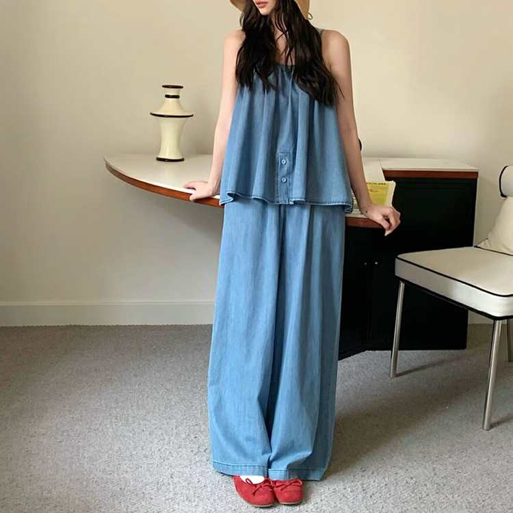 무료ONN/[SET334]데님 나시 블라우스 와이드 팬츠 투피스 (세트제품) 발랄 귀여운 코디 체형커버 끈조절