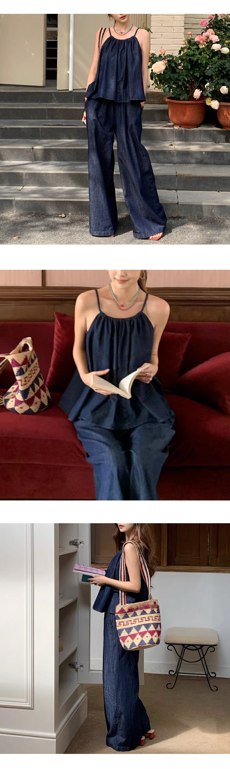 무료ONN/[SET334]데님 나시 블라우스 와이드 팬츠 투피스 (세트제품) 발랄 귀여운 코디 체형커버 끈조절