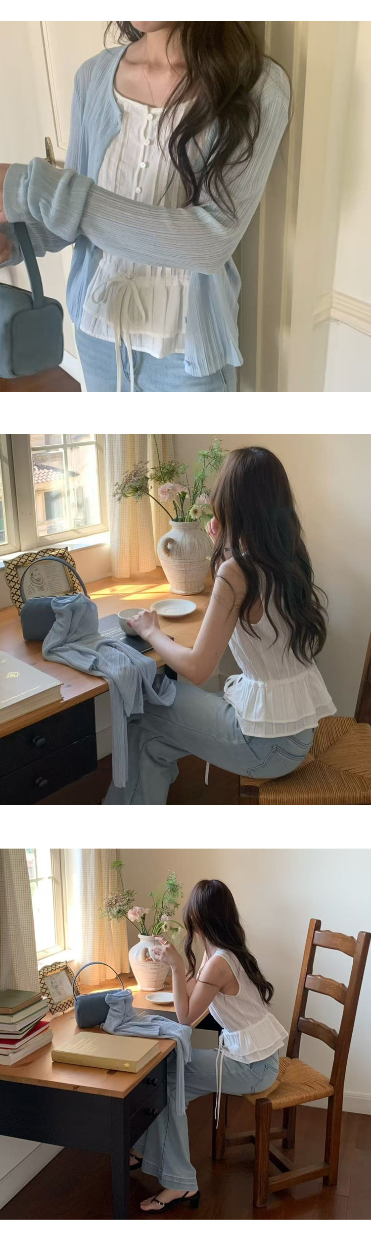 ONN [BL680]핀턱 스트링 민소매 블라우스 허리 스트링 2단 캉캉밑단 여성스러움 나시 블라우스