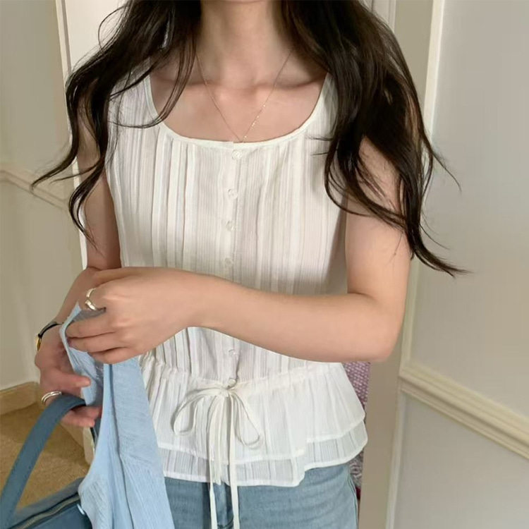 ONN [BL680]핀턱 스트링 민소매 블라우스 허리 스트링 2단 캉캉밑단 여성스러움 나시 블라우스