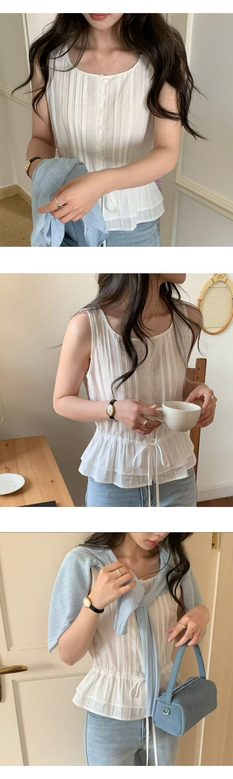 ONN [BL680]핀턱 스트링 민소매 블라우스 허리 스트링 2단 캉캉밑단 여성스러움 나시 블라우스
