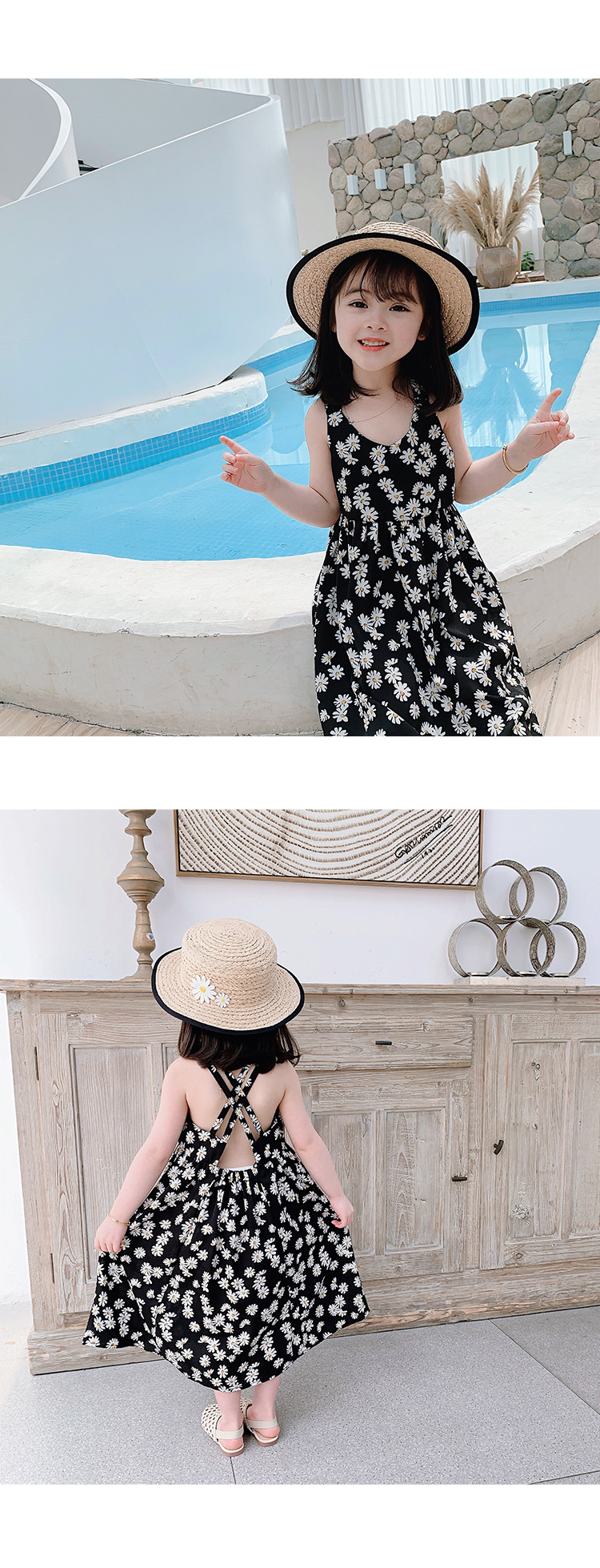 [DOO]10293850 흰꽃 블랙원피스 끈 모양 유아 원피스 여름 바캉스 