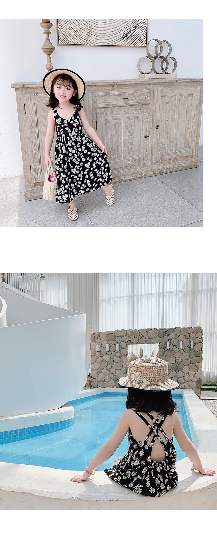 [DOO]10293850 흰꽃 블랙원피스 끈 모양 유아 원피스 여름 바캉스 