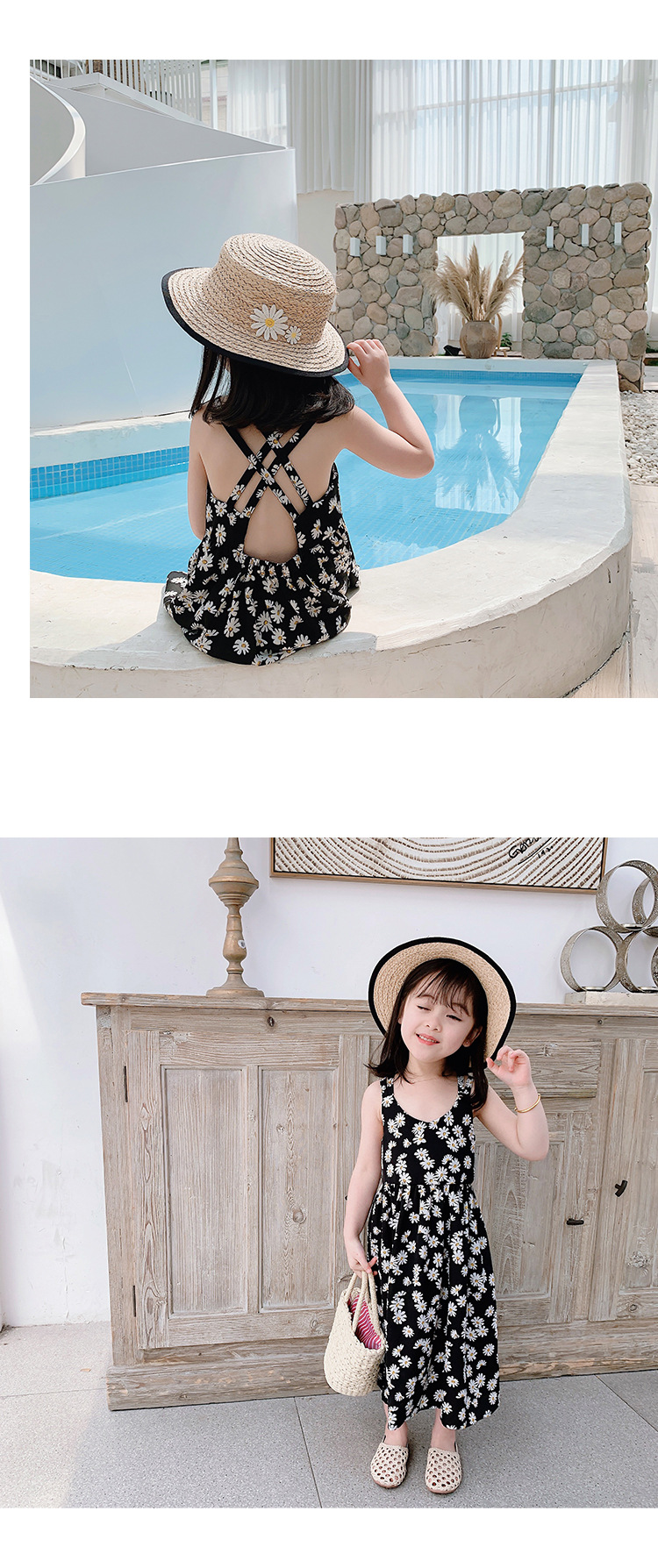 [DOO]10293850 흰꽃 블랙원피스 끈 모양 유아 원피스 여름 바캉스 