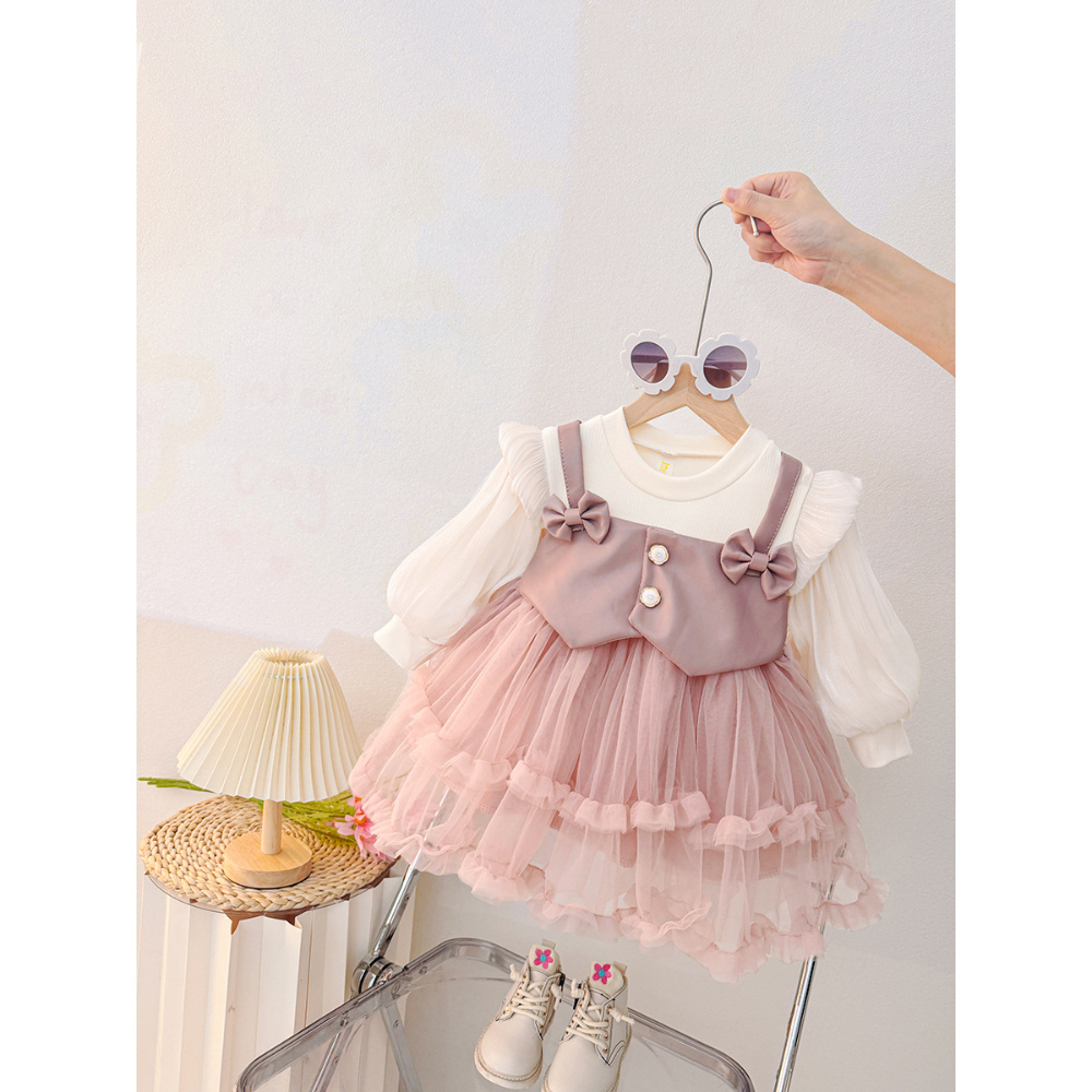 [DOO]64297805 여아 배색 리본 샤 원피스 레이스 프릴 치마 귀여운 여자 아이 원피스