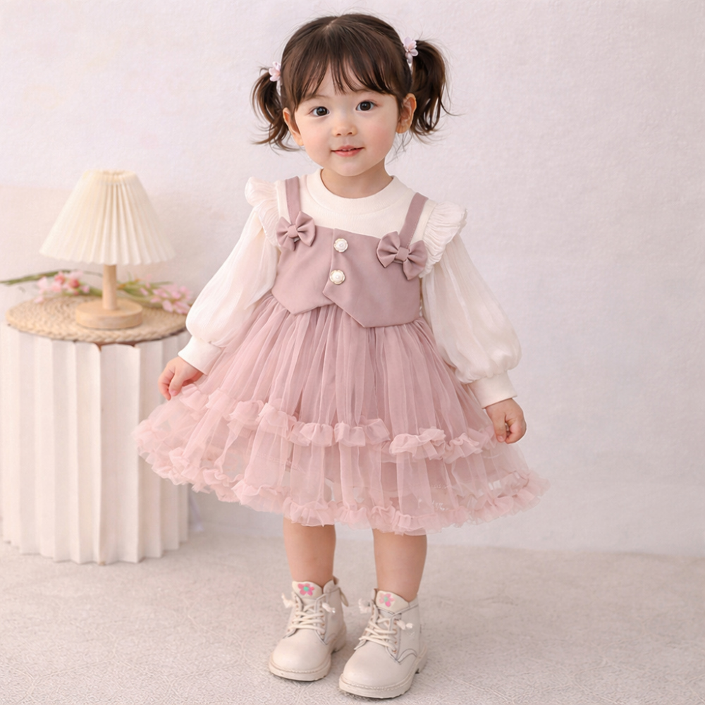 [DOO]64297805 여아 배색 리본 샤 원피스 레이스 프릴 치마 귀여운 여자 아이 원피스