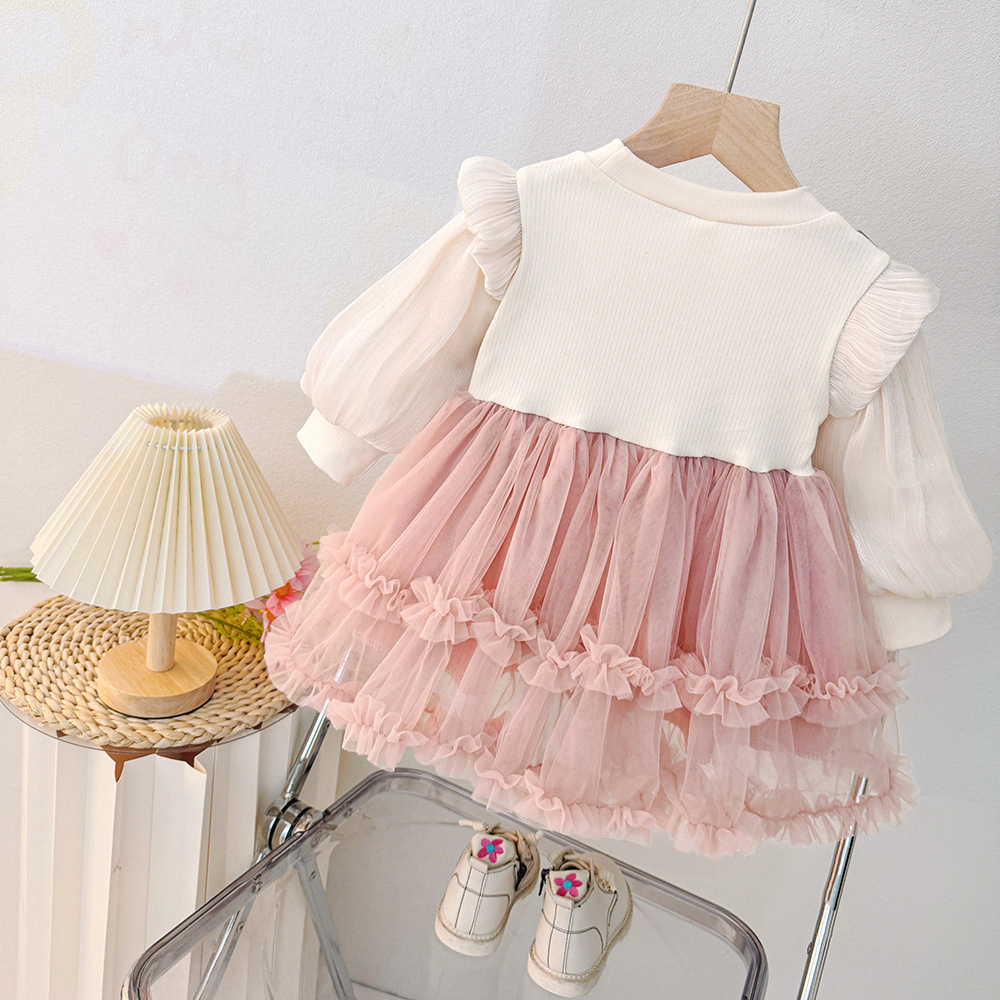 [DOO]64297805 여아 배색 리본 샤 원피스 레이스 프릴 치마 귀여운 여자 아이 원피스