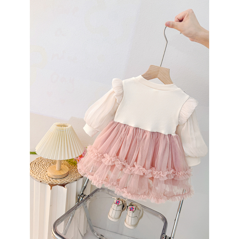 [DOO]64297805 여아 배색 리본 샤 원피스 레이스 프릴 치마 귀여운 여자 아이 원피스